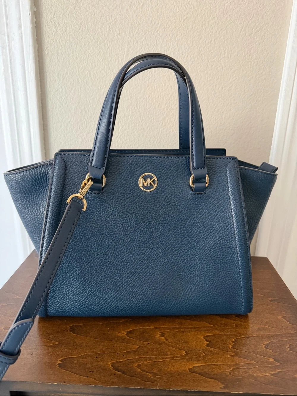 Michael Kors Navy Pebbled Leather Satchel with Gold Hardware